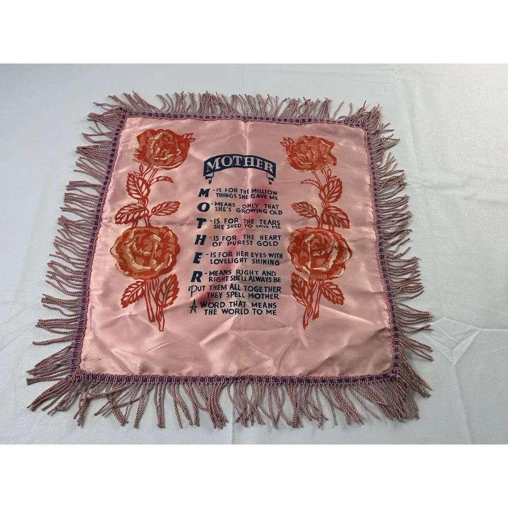 Vintage Satin Mother Poem Pillowcase Pink Floral Fringe Sentimental Decor